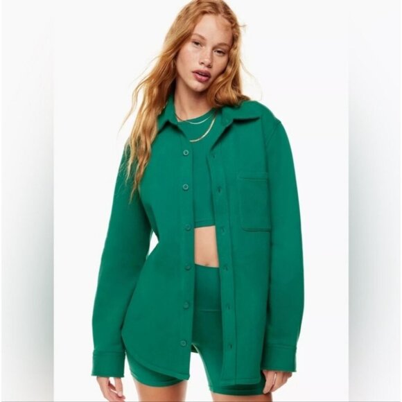 ARITZIA | TNA Cozy Fleece Boyfriend Shirt Button Down Dark Green Sz M - Picture 2 of 8